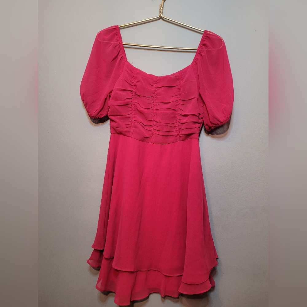 Altar'd State Pink Ruched Tiered Mini Dress